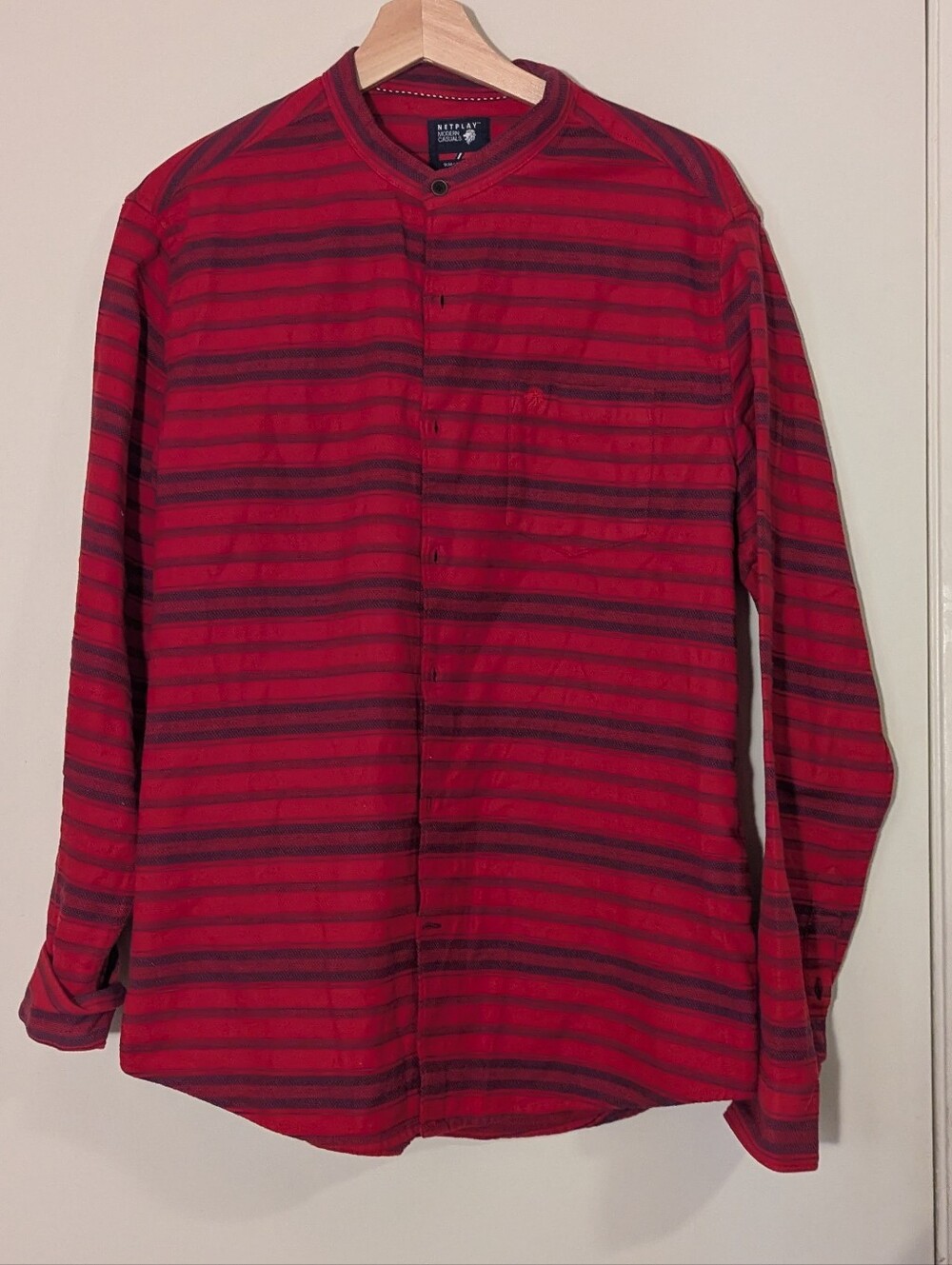 Striped Red Casual Button-Down Shirt with Band Collar, L